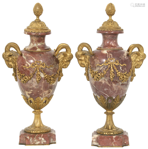 Pair of Louis XV Style Gilt Bronze & Marble Urns