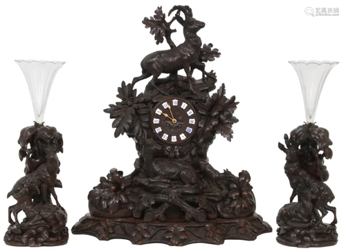 Black Forest Carved Clock Garniture