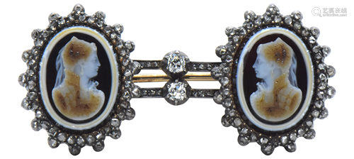 14 Karat Yellow Gold & Diamond Double Cameo Brooch