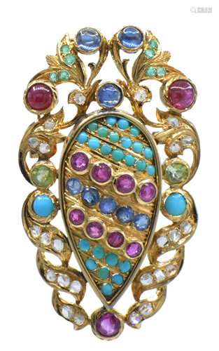 18 Karat Yellow Gold & Gemstone Brooch