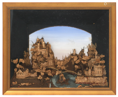 German Carved Cork Shadow Box of a Castle Town