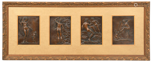 Frame with Four Patinated Copper Repoussé Plaques