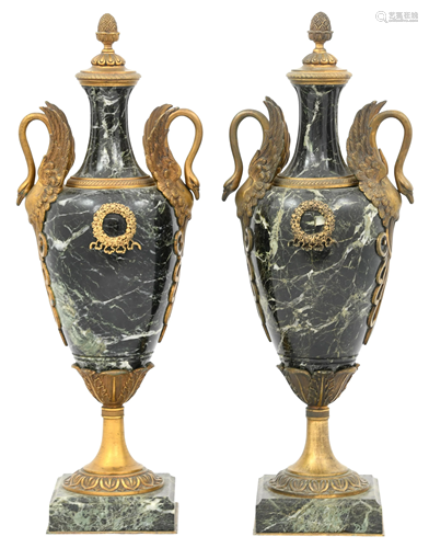 Pair of French Empire Bronze & Marble Lidded Urns