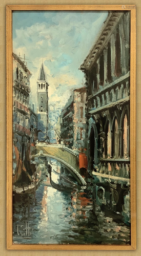 Oil paintinging on canvas depicting a Venetian canal.