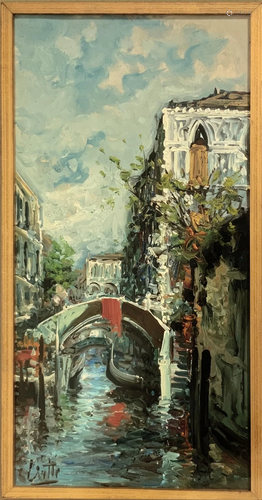 Oil paintinging on canvas depicting a Venetian canal.