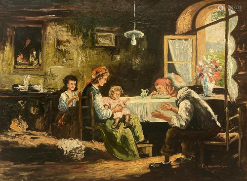 Oil paintinging on canvas depicting an interior scene