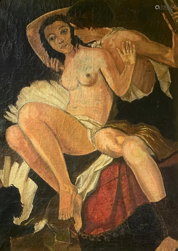 Oil paintinging on canvas depicting young lovers. Early