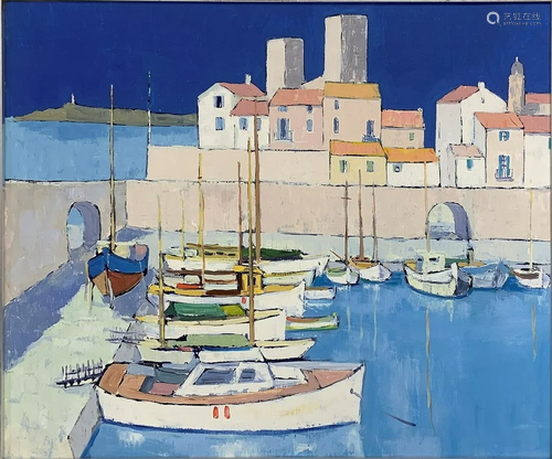 Oil paintinging on canvas depicting marina with boats