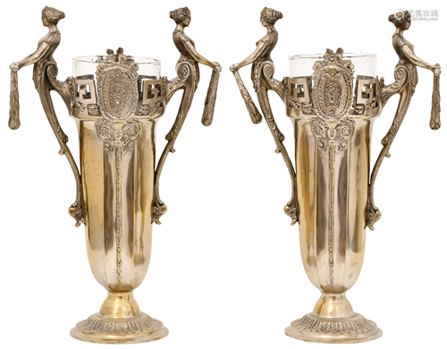 German Silvered Bronze Vases with Glass Inserts