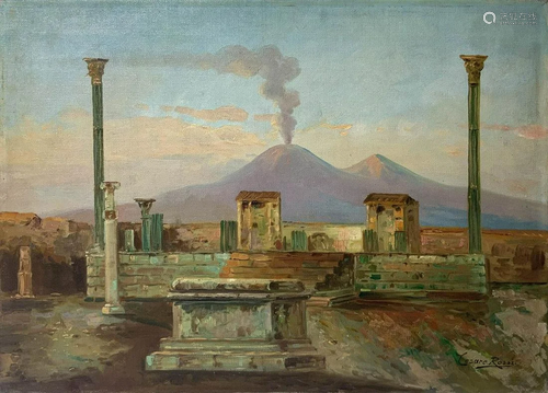 Oil paintinging on canvas depicting Vesuvius and Roman