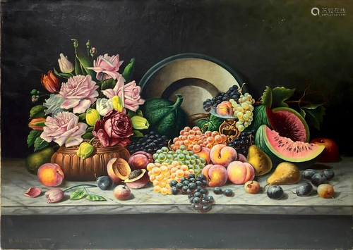 Oil paintinging on canvas depicting still life of