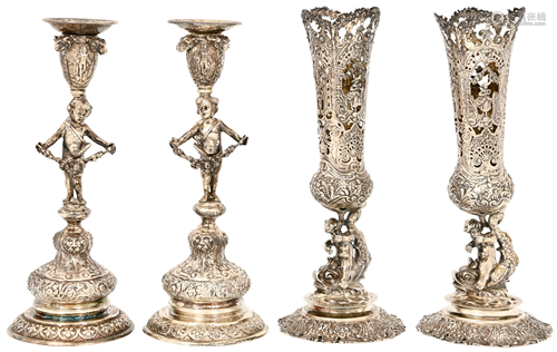 Pair of Silver Figural Candlesticks & Vases