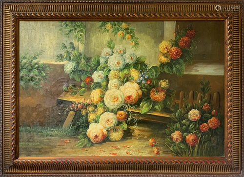 Oil paintinging on canvas depicting still life of