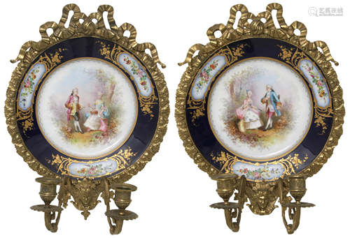 Pair of Sèvres Bronze Mounted Porcelain Sconces