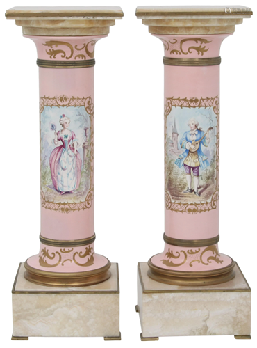 Pair of French Porcelain, Bronze & Onyx Pedestals