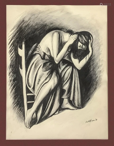 Ink drawing depicting nude woman with robe, signed on