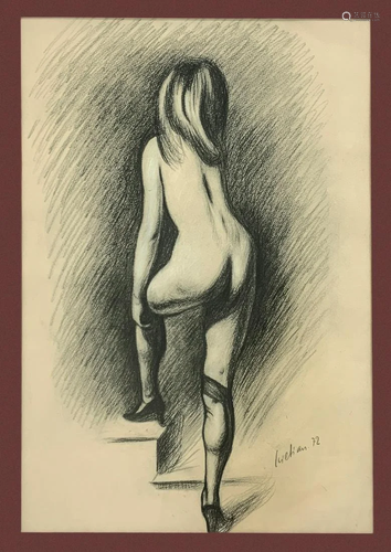 Drawing of nude woman back, signed on the lower right