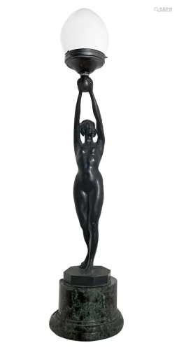 Lamp with Art Nouveau bronze sculpture depicting a nude