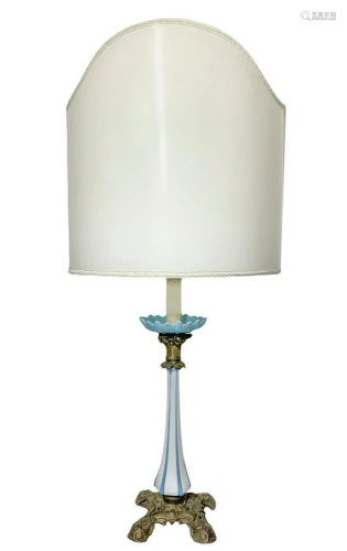 Lamp glass opal white and blue, based in gilded bronze