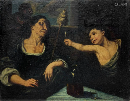 Oil paintinging on canvas depicting Parca Clotho and