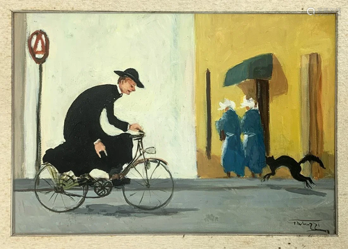 Oil paintinging on canvas depicting priest Cycling,