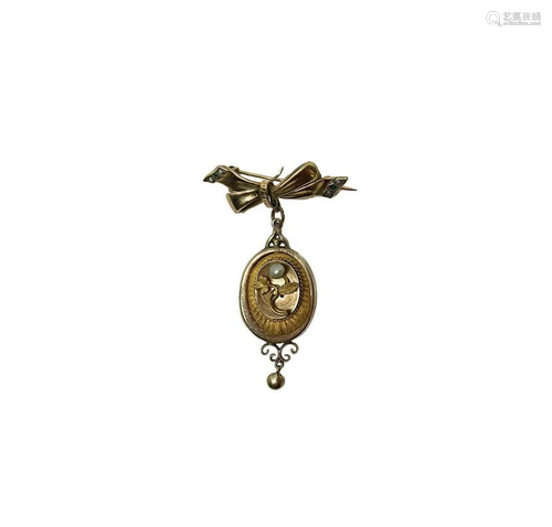 Brooch with beads and small pendant, 12K gold brooch