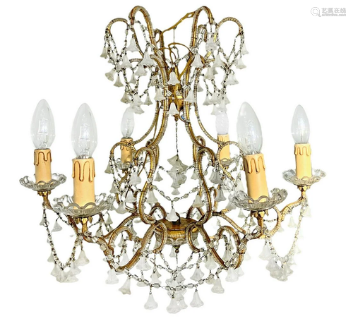 Chandelier 6 lights with pendalogues metal and glass