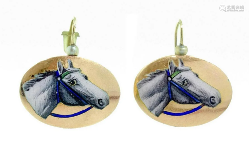 12K gold earrings with enamel depicting a horse's head.