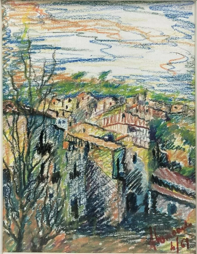 Pastel on paper depicting Caltagirone landscape.
