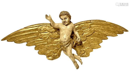 Sculpture with polychrome angel in lacquered wood and