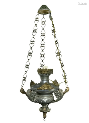 Lamp in silvered and gilt metal, late eighteenth. H 58