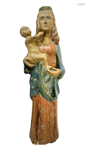 polychrome terracotta statue of Virgin Mary with child,
