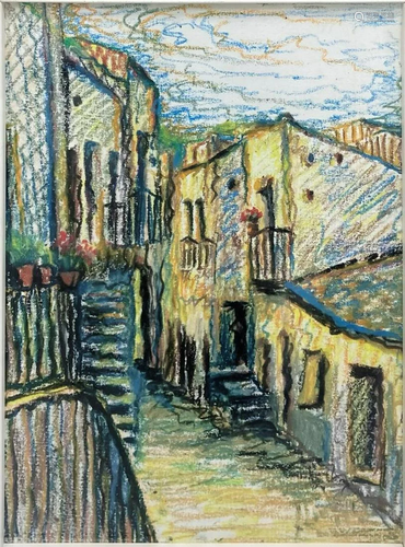 Pastel on paper depicting Caltagirone landscape.