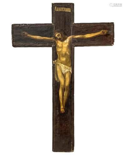 wooden cross with Christ crucified painted polychrome