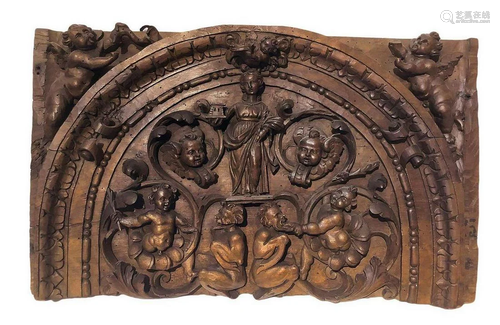 Fragment of walnut wood carved frieze depicting Santa