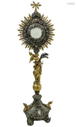 Monstrance in silver and silver gilt, height 70 cm,