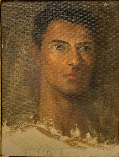 Oil paintinging on masonite depicting man's face, the