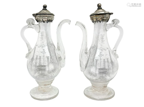 Couple of ampules in glass with silver lid 800. H 16 cm