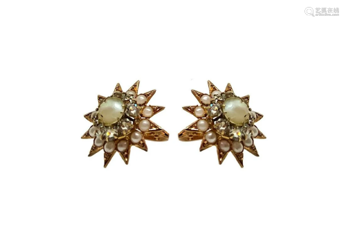 Gold earrings, low titer, with flakes of glitter, pearl