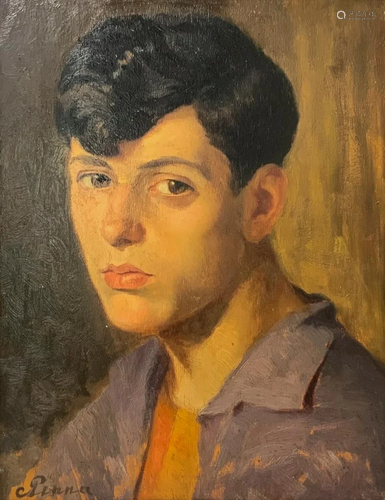 Painting Oil painting on panel depicting a young boy's