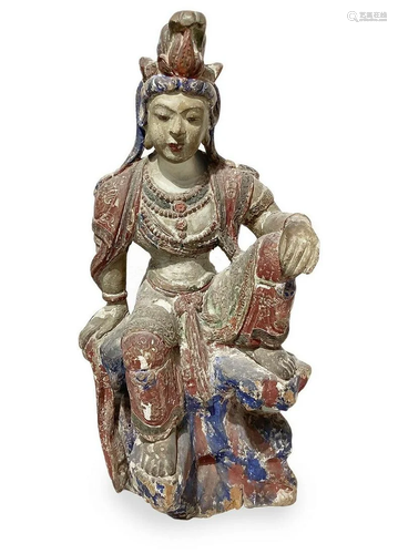 Polychrome wooden sculpture depicting oriental deity