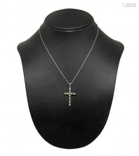 Necklace in white gold cross with emeralds and