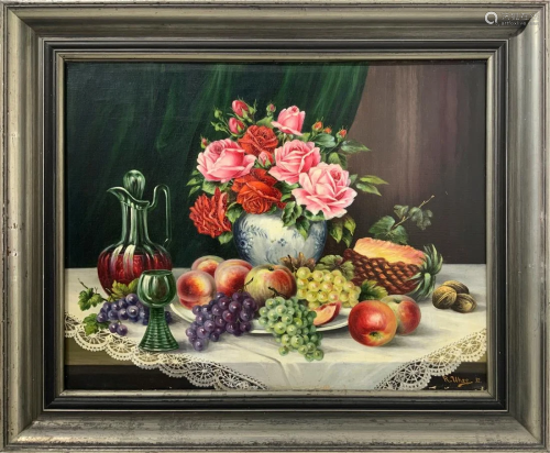 Oil paintinging on canvas depicting still life with