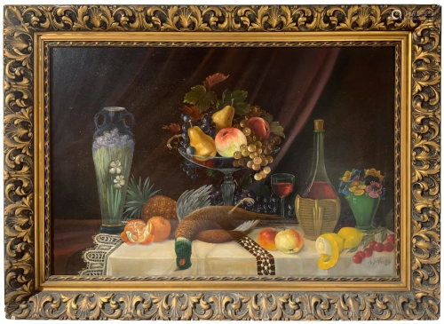 Oil paintinging on canvas depicting still life of fruit
