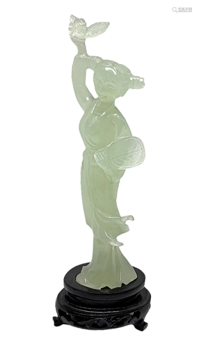 Jade Guanyin jade green, height 21 cm with stand