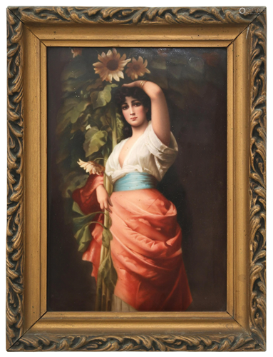 KPM Porcelain Plaque of a Woman with Sunflowers