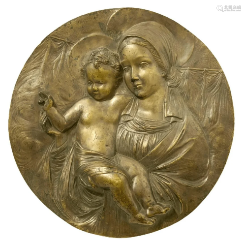 Round bronze depicting the Virgin Mary with child, the