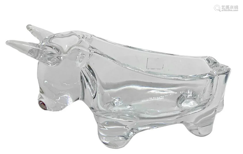 Ashtray crystal depicting stylized bull. Based on box