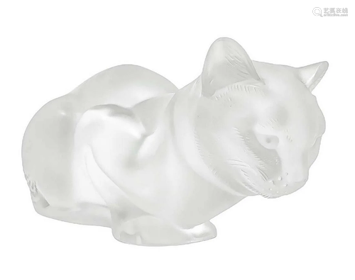 Lalique, clear glass sculpture of cat, acid-etched