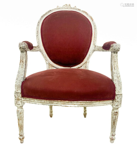 Armchair shabby chic white lacquer, burgundy fabric. H